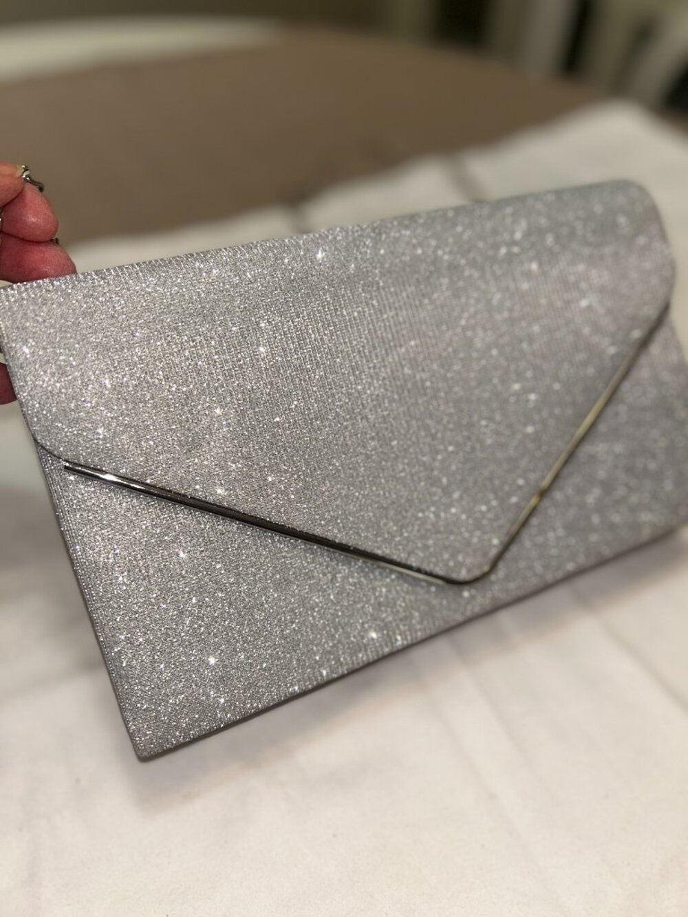 Silver Glitter Clutch Purse with Chain Strap